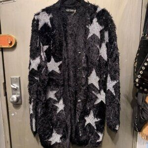 NWOT Love Token Black Silver Star Fuzzy V-Neck Cardigan